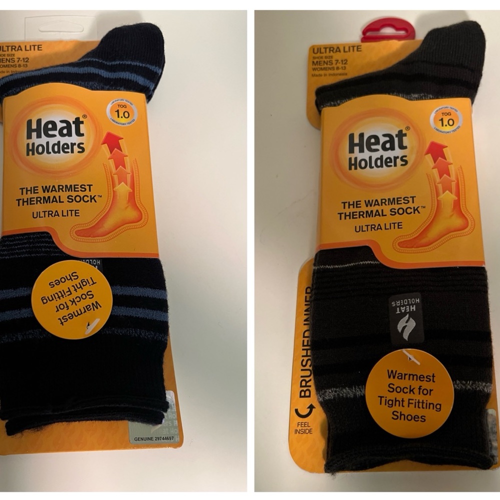 2 Heat Holders Ultra Lite Thermal Stripe Crew Socks Unisex 1.0 TOG Warm
